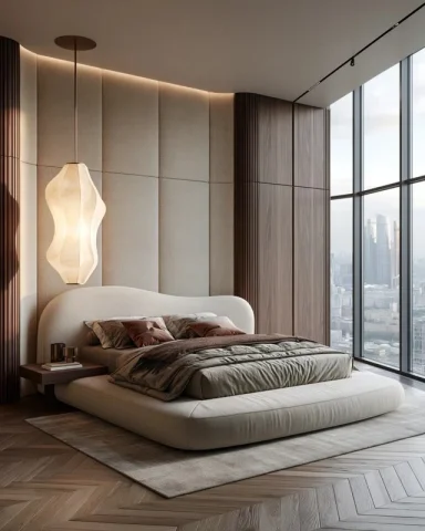 Photorealistic Master Bedroom — Nano Banana 2 AI Prompt: Photorealistic master bedroom, wide eye-level shot, low upholstered bed with a s...