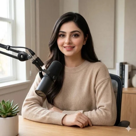 Elegant Podcast Vibes in Natural Light — Nano Banana 2 AI Prompt: Ultra-realistic podcast setup with a stylish woman seated at a wooden table, min...