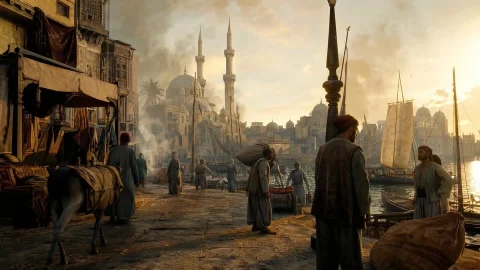Sunrise Serenity: The Pulse of Medieval Cairo — Nano Banana 2 AI Prompt: Morning in medieval Islamic Cairo during the Fatimid era, narrow streets glowing...