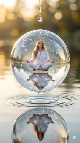 Serenity Encapsulated in a Water Droplet — Nano Banana 2 AI Prompt: A stunning surreal photorealistic image of a large, perfectly formed transparent...