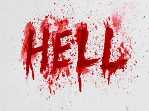 Red Hell Word — Nano Banana 2 AI Prompt: The word "HELL" handwritten and splattered in red paint, horror, white backgroun...