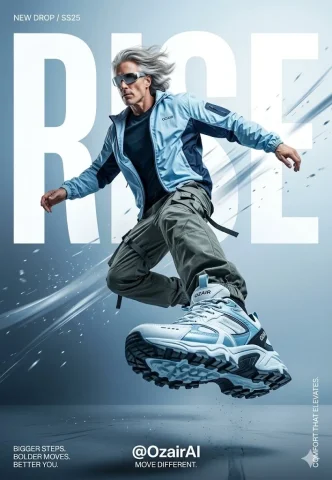 Elevate Your Game with OzairAI Sneakers — Nano Banana 2 AI Prompt: Ultra-wide vertical 9:13 poster shot, extreme low-angle perspective looking up,...
