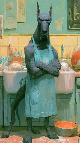 Angry Dishwashing Dog — Nano Banana 2 AI Prompt: There's a dog that's absolutely furious, wearing an apron, standing next to the...