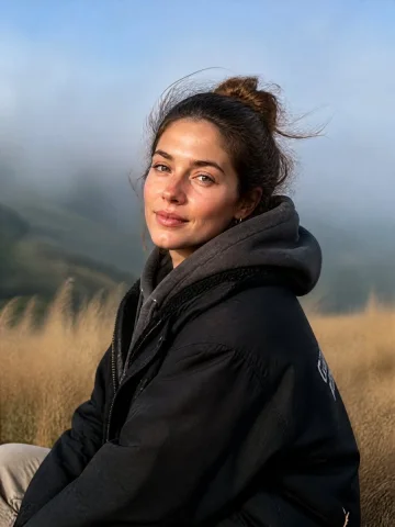 Serenity on the Mountain Ridge — Nano Banana 2 AI Prompt: A young woman sitting outdoors on a misty mountain ridge, portrait photography s...