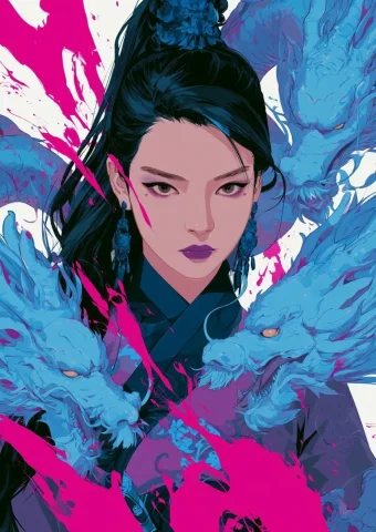 Black-Haired Heroine — Nano Banana 2 AI Prompt: black-haired heroine, azure dragons, pink paint splashes, gothic accessories, fa...