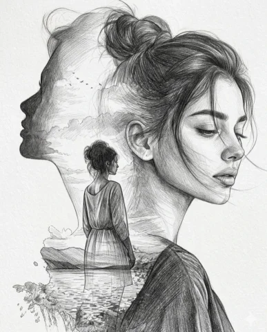 Whispers of Serenity: A Double Exposure Portrait — Nano Banana 2 AI Prompt: A vertical double exposure artwork rendered as a detailed pencil sketch on textu...