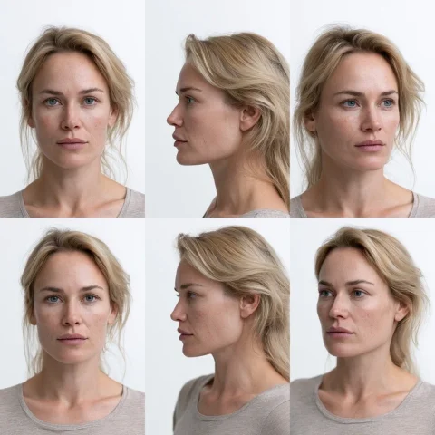 Triple Portrait — Nano Banana 2 AI Prompt: Photorealistic triple-frame photogrid of a 39-year-old stunning european woman w...