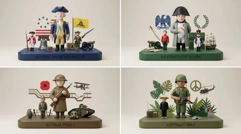 Iconic Battles Reimagined: A Modern Toy Aesthetic — Nano Banana 2 AI Prompt: 2x2 grid, do this for 4 famous wars INPUT_TOPIC ::= "scene" [TOPIC_ANALYSIS] Fr...