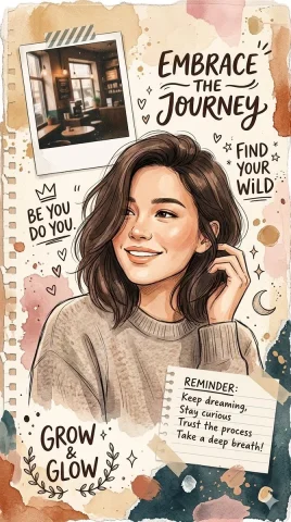 Serenity in Scrapbook: A Journey of Self-Discovery — Nano Banana 2 AI Prompt: This image is a digital watercolor collage featuring a central illustration of a...