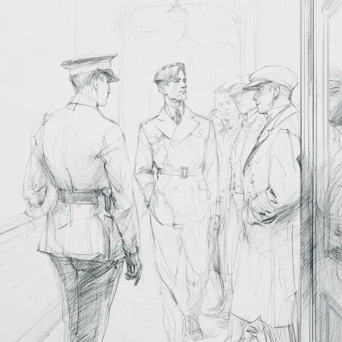Encounter in University Hallway — Nano Banana 2 AI Prompt: sketch in thin lines of a young man in uniform walking down a hallway in a unive...