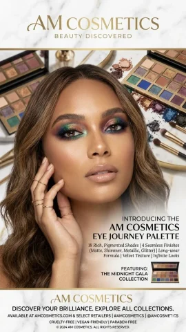 Elevate Your Look with the Eye Journey Palette — Nano Banana 2 AI Prompt: A professional advertisement for "AM Cosmetics" featuring the Eye Journey Palett...