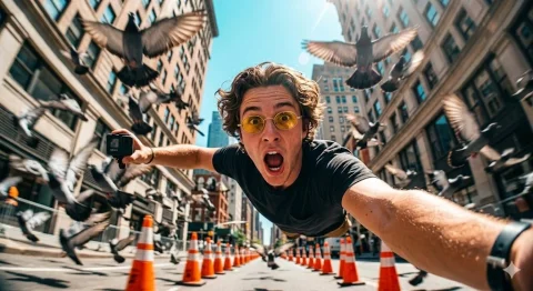 Urban Chaos: A Moment of Shock — Nano Banana 2 AI Prompt: " A young man with wavy hair and small round yellow-tinted glasses wearing a bri...