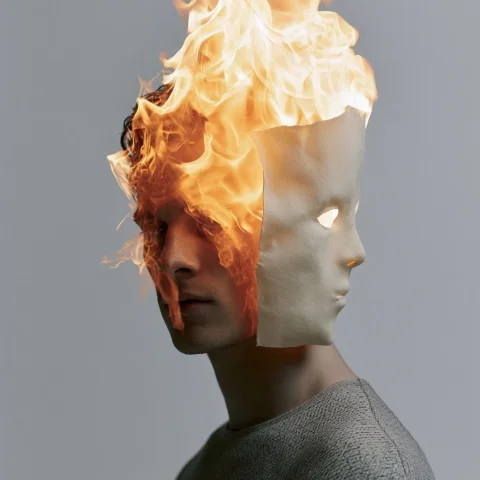 Mask and Flames — Nano Banana 2 AI Prompt: a man removing a plain mask from his face. His face is only partially exposed sh...