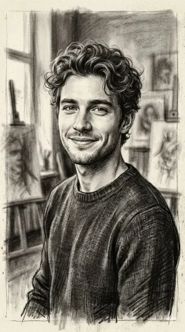 Charcoal Elegance: A Young Man's Portrait — Nano Banana 2 AI Prompt: A vertical charcoal sketch of a handsome young man with wavy, dark hair and a wa...