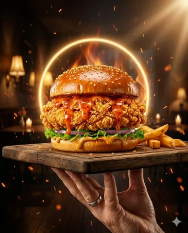 Indulgence on a Plate: Gourmet Burger Delight — Nano Banana 2 AI Prompt: { "prompt": "Hyper-realistic premium food advertisement photography, cinemat...