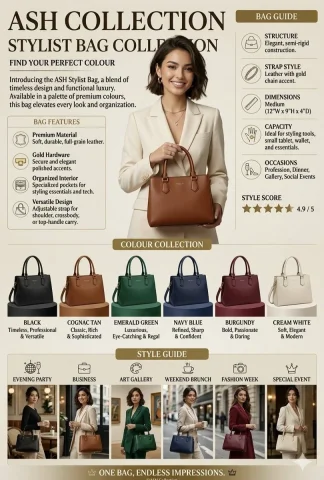 Elevate Your Style with the ASH Collection Stylist Bag — Nano Banana 2 AI Prompt: This image is a professional promotional infographic for the ASH Collection Styl...