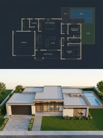 Architectural Showdown: Blueprint vs Reality — Nano Banana 2 AI Prompt: { "objective": "Create a 3:4 split architectural visualization where the top...
