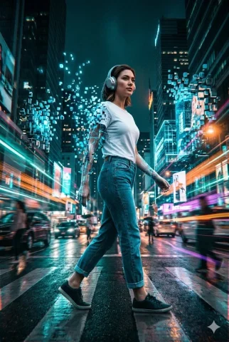 Neon Fracture in a Cyberpunk Street — Nano Banana 2 AI Prompt: A hyper-realistic, 8k, ultra-wide low-angle shot of a person walking through a m...
