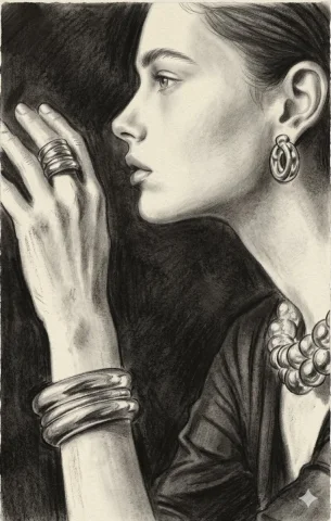 Charcoal Elegance: Woman in Contemplative Profile — Nano Banana 2 AI Prompt: This charcoal drawing features a striking profile of a woman, captured in a mome...