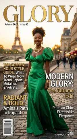 Golden Hour Elegance on a Parisian Street — Nano Banana 2 AI Prompt: A high-end, vertical fashion magazine cover titled "GLORY" in bold, gold serif t...