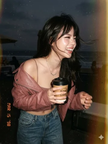 Disposable Flash at the Seaside Cafe — Nano Banana 2 AI Prompt: Create image: A candid disposable-camera snapshot of the same subject in the att...
