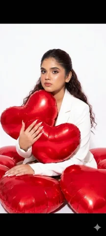 High-Fashion Elegance with Floating Red Hearts — Nano Banana 2 AI Prompt: A high fashion editorial image featuring a fashion model with glowing, flawless...