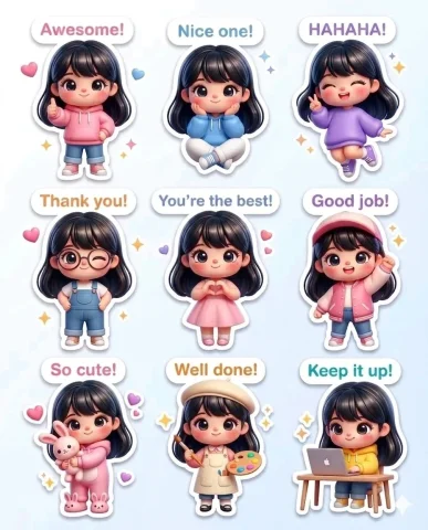 Chibi Sticker Sheet with Playful Poses — Nano Banana 2 AI Prompt: 3D chibi character sticker sheet, stylized feminine figurine, consistent charact...