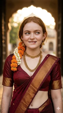 Maroon Elegance in Golden Light — Nano Banana 2 AI Prompt: { "image_prompt_details": { "subject": "Young woman with red hair, f...