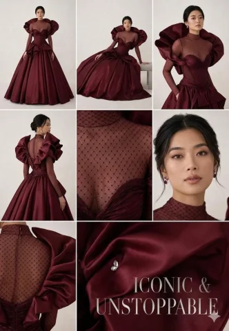 Maroon Elegance: Structured Gown Editorial Grid — Nano Banana 2 AI Prompt: A high-end fashion mood board and product detail collage featuring an elegant ma...