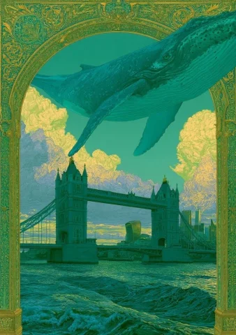 Whale Illustration — Nano Banana 2 AI Prompt: Tower Bridge viewed through an ornate portal, enormous whale floating above the...