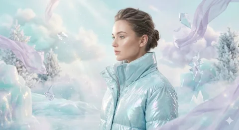 Icy Elegance: Surreal Winter Fashion Portrait — Nano Banana 2 AI Prompt: Elegant fashion campaign portrait, model in a glossy icy_cyan puffer jacket with...
