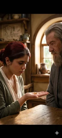 The Ring's Moment in Bag End — Nano Banana 2 AI Prompt: cinematic dramatic scene of a person sitting at a wooden table in Bag End holdin...