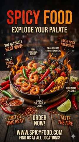 Fiery Feast on a Rustic Skillet — Nano Banana 2 AI Prompt: A high-octane promotional poster for a "Spicy Food" restaurant featuring a cast-...
