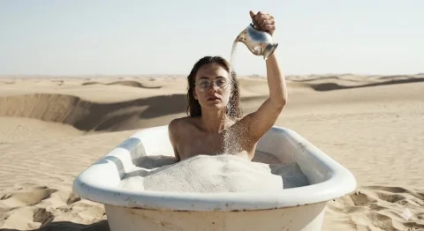 Sunlit Solitude in a Sand-Filled Tub — Nano Banana 2 AI Prompt: A hyper-realistic 8k cinematic medium shot, captured with a 35mm lens in the mid...