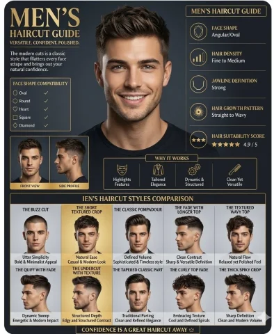 Men’s Haircut Guide with Textured Crop Highlight — Nano Banana 2 AI Prompt: This professional men's grooming infographic, titled "Men’s Haircut Guide," is d...