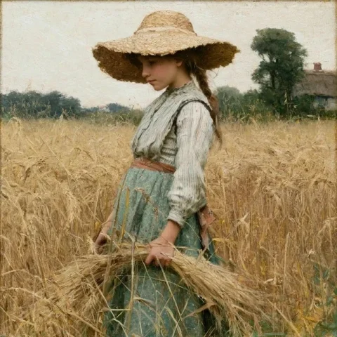 Patriotic Girl in Wheat Field — Nano Banana 2 AI Prompt: young girl in a field of wheat dressed in patriotic colors, soft heirloom Americ...
