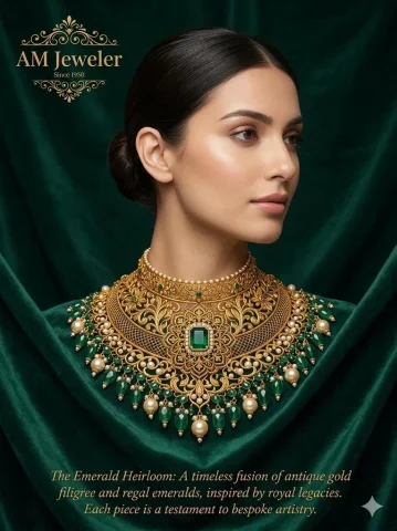 Emerald Majesty: Portrait with Antique Gold Choker — Nano Banana 2 AI Prompt: A cinematic, vertical portrait of a woman wearing a majestic high-collar choker...