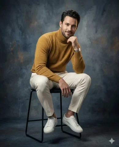 Contemplative Portrait in Mustard and White — Nano Banana 2 AI Prompt: { "subject": "Man in mustard turtleneck and white trousers", "pose": "Se...