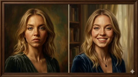 Dual Expressions: Sydney Sweeney in 3D Oil Detail — Nano Banana 2 AI Prompt: A close-up shot of a perfect 3D oil painting, featuring a vertically split-scree...