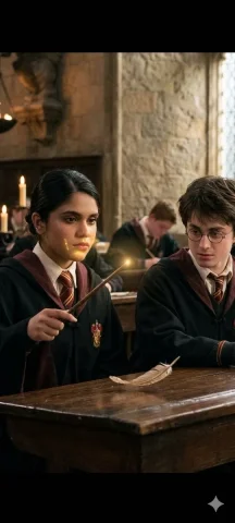 Hogwarts Spellcasting in Candlelit Classroom — Nano Banana 2 AI Prompt: cinematic grounded scene of a person wearing Hogwarts student robes holding a wa...