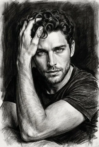 Intense Charcoal Portrait of a Thoughtful Man — Nano Banana 2 AI Prompt: A hyper-realistic charcoal and graphite portrait of a handsome man with thick, d...