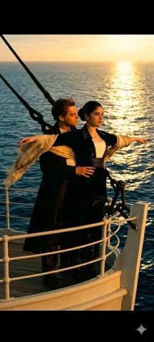 Golden Sunset at the Bow of Titanic — Nano Banana 2 AI Prompt: cinematic romantic scene of a woman standing at the bow of the Titanic while abo...