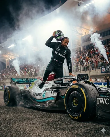 Victory on Asphalt: Champion Driver Exits F1 Car — Nano Banana 2 AI Prompt: { "prompt": "Ultra-realistic cinematic Formula 1 scene featuring the uploade...