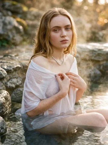Golden Hour by the River — Nano Banana 2 AI Prompt: { "image_prompt": { "subject": "A young woman with fair, freckled sk...
