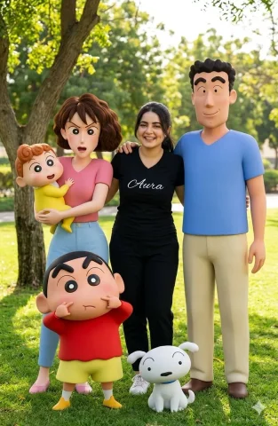 Family Portrait with Shinchan in Realistic Setting — Nano Banana 2 AI Prompt: Create a highly realistic photo where I am standing with Shinchan Nohara and his...