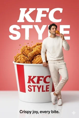 Giant Fried Chicken Showcase with Stylish Young Man — Nano Banana 2 AI Prompt: A surreal, high-end studio advertisement featuring an oversized crispy fried chi...