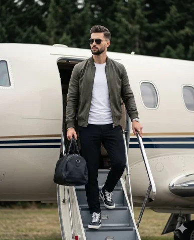 Refined Urban Aviator on Private Jet Stairs — Nano Banana 2 AI Prompt: A stylish, confident adult male stands centered in full view, his weight shifted...
