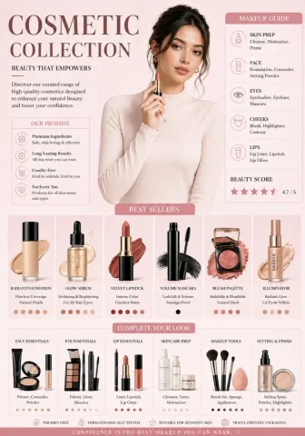 Timeless Elegance in Cosmetics — Nano Banana 2 AI Prompt: A professional cosmetic brand infographic in a soft aesthetic style. The color p...