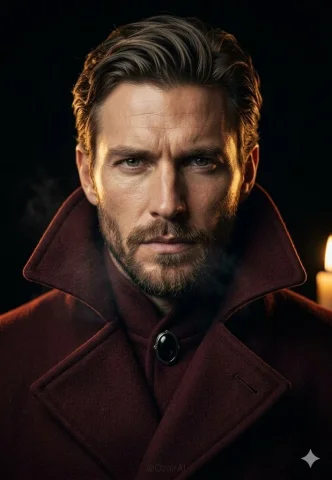 Elegance in the Dark: A Study of Power — Nano Banana 2 AI Prompt: Extreme close-up portrait of an American white man with sharp jawline and define...
