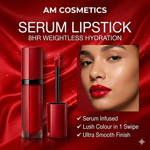 Luxurious Lipstick Revolution — Nano Banana 2 AI Prompt: This professional advertisement for "AM Cosmetics" showcases their "Serum Lipsti...
